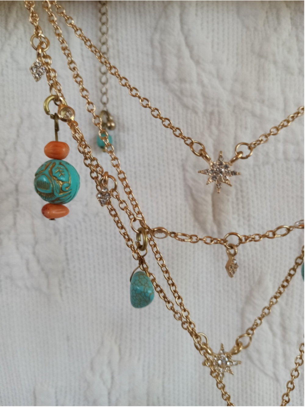 Inlaid Yak Bone Pendant on Layered Gold Plated chain Turquoise howlite red coral - Picture 4 of 11